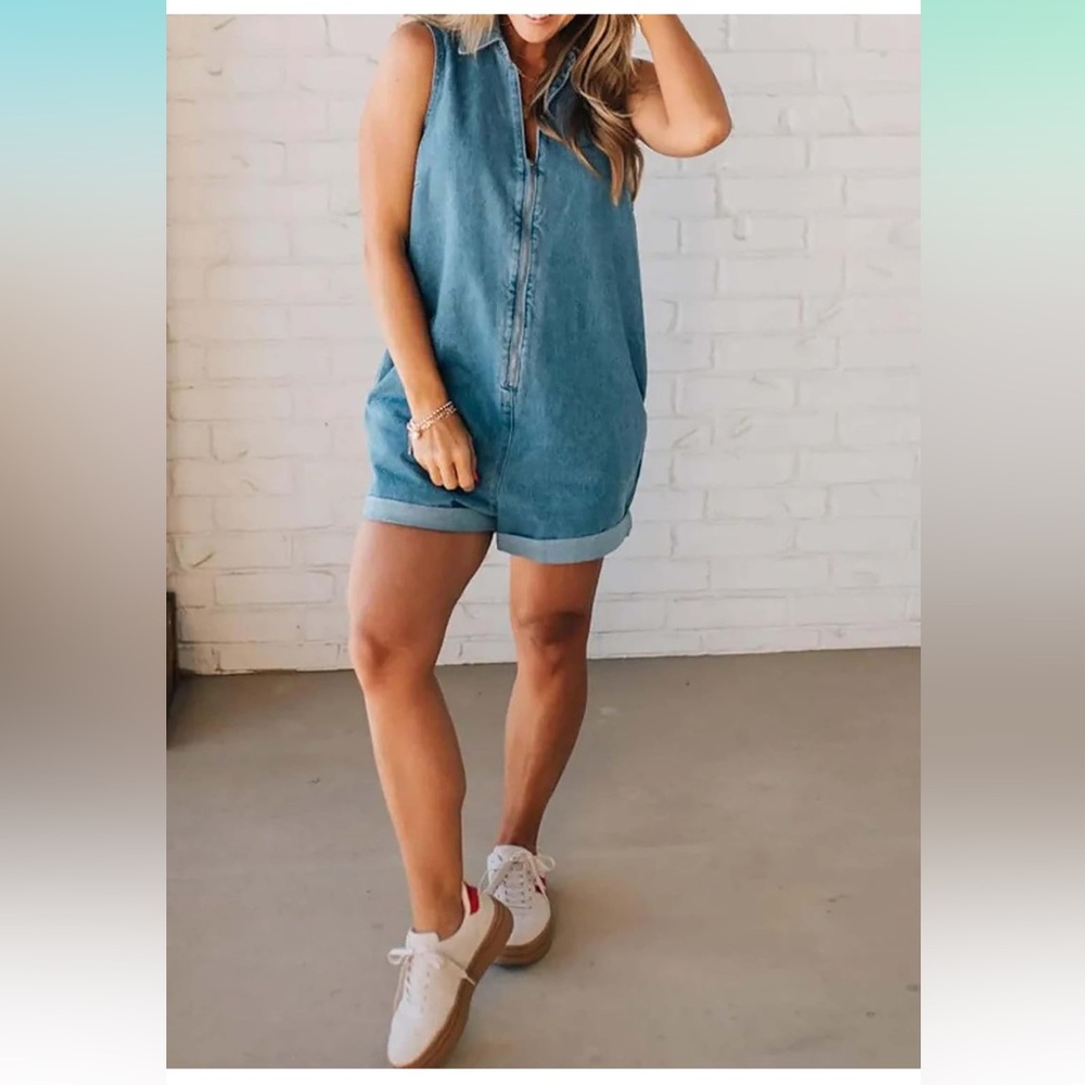 Denim Sleeveless Romper, with pockets